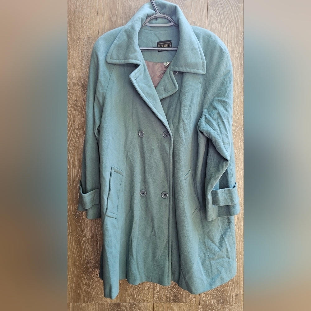 Cashmere Wool Sage Green Double-Breasted Trench Coat Size 10 - Picture 6 of 8